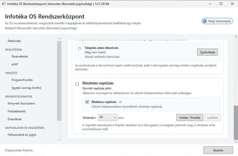 Részletes naplózás beállításai a Diagnosztika lap alján.