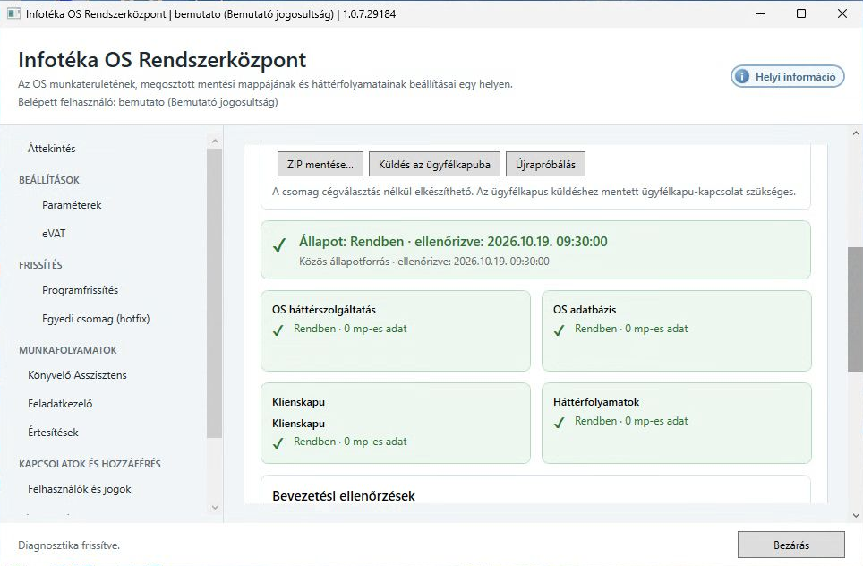 A négy komponens szintetikus kapcsolati és működési állapota.