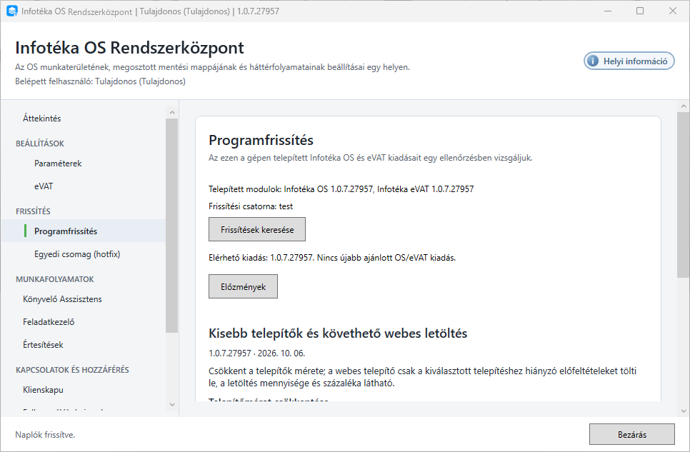 A Programfrissítés lap a telepített OS és eVAT verzióval, test csatornával és az elérhető kiadás állapotával.